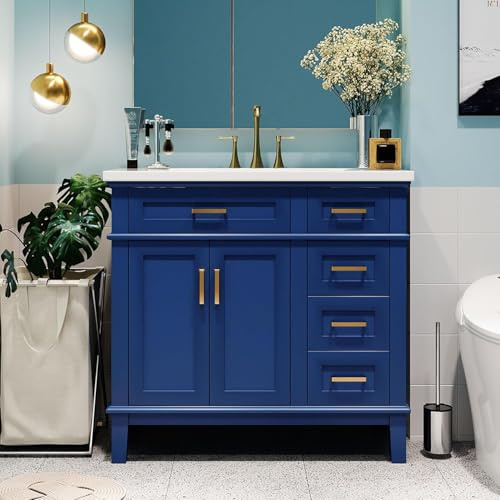 Merax 36 Bathroom Vanity with Sink, Modern Wood Bathroom Cabinet in Blue, Bathroom Vanity Set with Tip-Out Drawer, 4 Drawers & Double Doors,Undermount Ceramic Sink