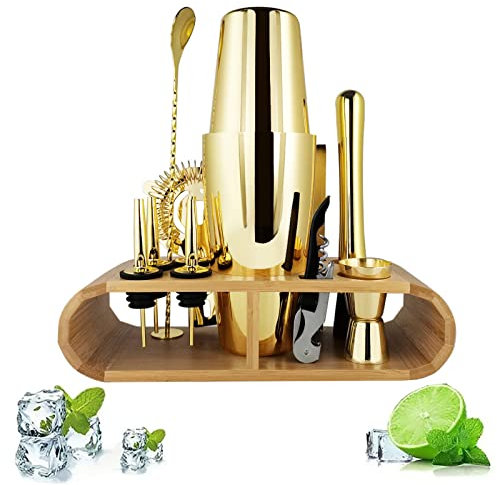 Juego de coctelera de acero inoxidable con soporte, kit de 12 piezas para barman para mixología, diseño desmontable para un fácil almacenamiento, ideal para el hogar, bar y fiesta, color dorado