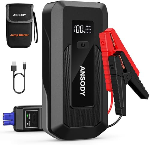 ANSODY 3000A Starthilfe Powerbank für Pkw (Bis zu 10L Benzin/8L Diesel), Auto 12V PKW Starter Powerbank mit LED,Batterie Booster Jump Starter Powerpack mit Starthilfekabel,Grau