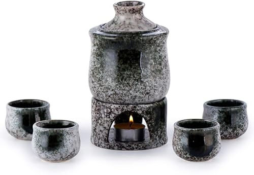 yudPinn Japanese Sake Set with Warmer, Traditional Porcelain for hot Sake Drinks, 7 Pieces, Including 1 Stove, 1 Warming Bowl, 1 Sake Bottle, 4 Sake Cups