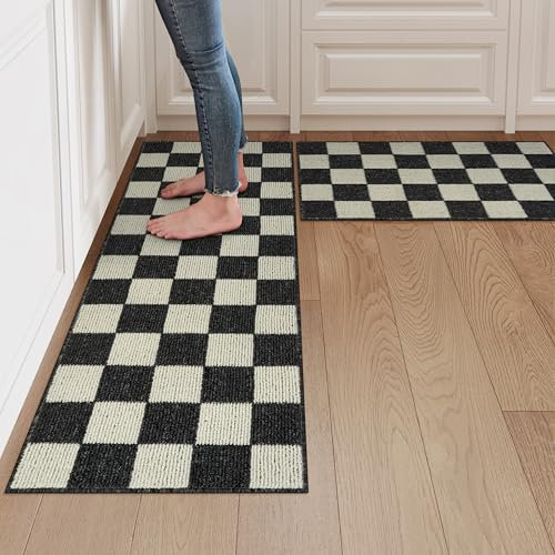 LEEVAN Küchenmatten-Set, schwarz-weiß, kariert, Büffelkariert, rutschfest, waschbar, Küchenläufer, Stehmatten für Wäsche, Büro, 50,8 x 81,3 cm + 50,8 x 129,9 cm, 2 Stück