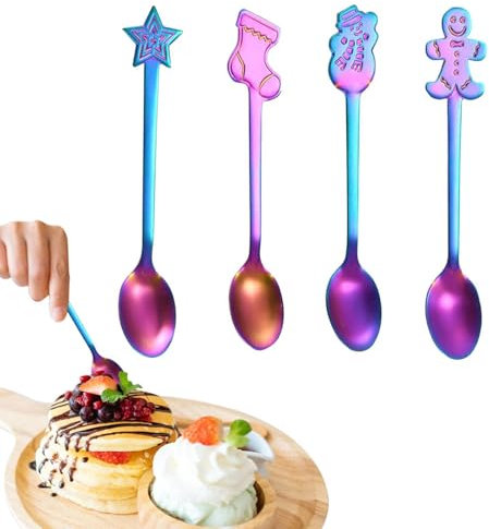 Set di cucchiai di Natale in acciaio, 4 pezzi, piccoli cucchiai di posate, cucchiaini da caffè, cucchiai in acciaio per alimenti, decorazione da tavolo per casa, dessert, zuppa, tè