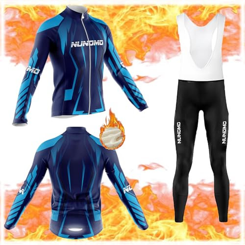 Radtrikot Set Herren Langarm Fleece Fahrradbekleidung atmungsaktiver Fahrrad Anzug Männer schnell trocknend Radjacke+ Lange Radlerhose mit 9D Sitzpolster für MTB Outdoor (#10B,S)