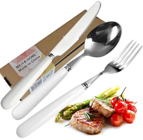 MEIYAHOME 3-teiliges Set Hochwertig Abendessen Gabel, Löffel Hauptessenmesser Essmesser,Steakmesser,weißer Keramikgriff, Edelstahlklinge, Tischmesser, Hotelgeschirr,Spiegelpolieren, Glatte Kanten
