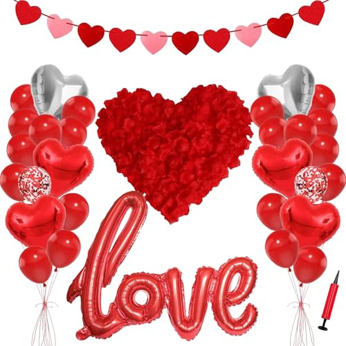 BFSYRR Valentines Decorations, 32 Pcs: Red Heart & Rose Petal Balloons, Banner, Air Pump & Love Balloons