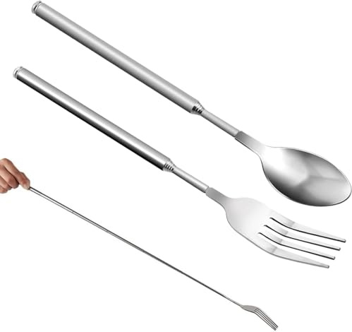 Juego de 2 cucharas telescópicas, tenedor extensible de acero inoxidable, telescópico, cuchara telescópica para cocinar diariamente, cuchara extensible 22,1 – 64,6 cm, tenedor telescópico para