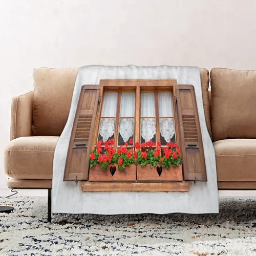 EOMKSE Kuscheldecke Flauschig Decke - weiche warme Fleecedecke 130x150cm als Decke Sofa,Druck Alter europäischer Fenster mit Fensterläden und Blumen T.,Wohndecke oder Couchdecke überwurf