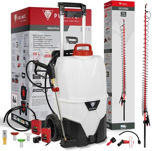 Pulmic Pulvérisateur Électrique 35L avec Lance Télescopique Jusqu’à 5m, idéal pour Nettoyage de toitures, façades et Applications en Hauteur. Pulvérise Jusqu’à 10m, 7 Bar, 2 Batteries, Tuyau 6m.