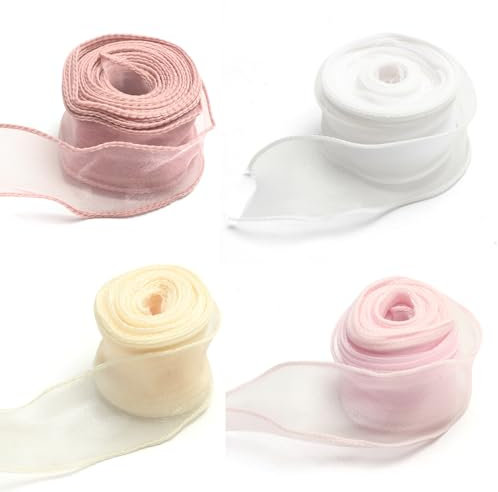 CutitiUU 4 Rollen 4cm x 9.1m Organzaband,Schillerndes Chiffonband - Geschenkband & Schleifenband, 4 Farben, schimmerndes Polyesterband für Hochzeitsstrauß, Kränze & Dekoration (#1)