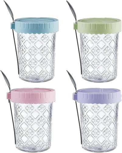 H.JSS WDJS 590ml Overnight Oats Gläser, 4 Stück Meal Prep Gläser, Vorratsgläser mit Deckel und Löffel, Deli Cups, Frischhaltedosen Glas für Salat Joghurt Pudding Chutney (Diamond)
