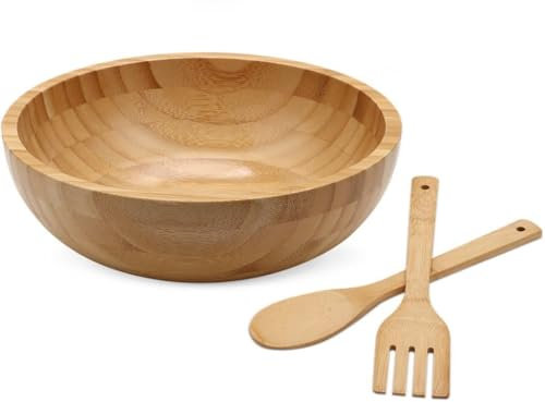 Salatschüssel-Set aus Holz mit Servierwerkzeugen, 25,4 cm, Bambus-Rühr- und Servierschüssel für Küche oder Esstisch, aus Naturholz