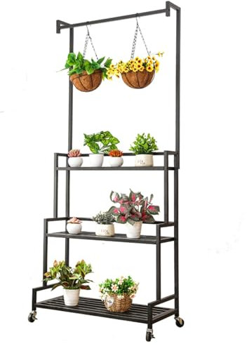 WZSMZKHF 3 Tier Metal Plant Stand Hanging Plant Shelf with Rollers, 188cm Tall Multiple Flower Display Holder Ladder Shape Stand Rack for Living Room Balcony Patio Garden(Black,120cm)