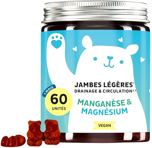 Bears with Benefits - Gummies Magnésium - Drainage Circulation - 60 unités | Jambes Légères Drainage & Circulation - Magnésium, Manganèse, Vitamine C - Cure de 1 mois - Sans Sucres Ajoutés, Vegan