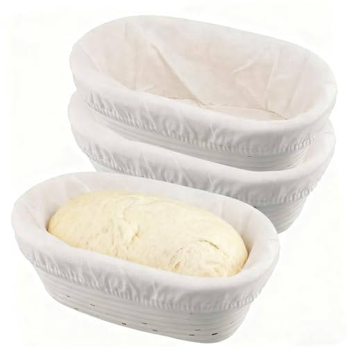 3 Pcs 25cm Oval Banneton Bread Proofing Basket Set,Professional Use | YUENPUN, NRattan Sourdough Proving Baskets, Linen Cloth Liner, Artisan Home Baking,