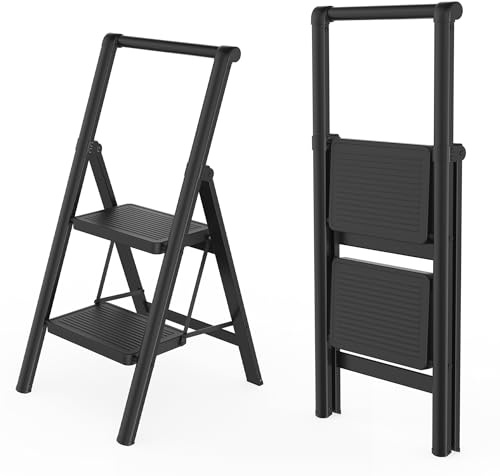FIVMEN Trittleiter 2 Stufen Klappbar Leiter Klappleiter Treppenleiter Klapptritt Haushaltsleiter Tritthocker mit Breitem Trittbrett 30x20 cm und Handläufen bis 270 kg Belastbar, Schwarz