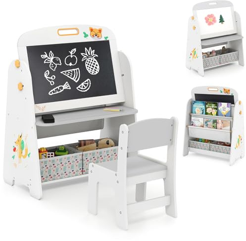 COSTWAY Kinder Staffelei mit Stuhl, Kindertafel mit Bücherregal & Magnetischer Kreidetafel & Weißtafel, Doppelseitige Spieltafel mit Stoffkiste, Tafel Kinder zu Zeichnen, Lesen und Schreiben (Grau)
