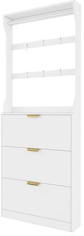 VOWNER Meuble Chaussures, Meuble de Rangement à Chaussures Armoire, 2 en 1 avec 6 Crochets et Barre de Suspension, Commode à Chaussures, Porte-Manteau avec Étagère à Chaussures, 80 x 208x 17 cm