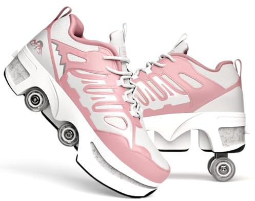 Rollschuhe Kinder, Schuhe mit Rollen für mädchen, Roll Schuhe, 2-in-1 Rollschuhe Schuhe mit Versteckten Rädern - Quad Skates für Fitness, Freizeit und Urban Skating - Damen Herren, Pink-35