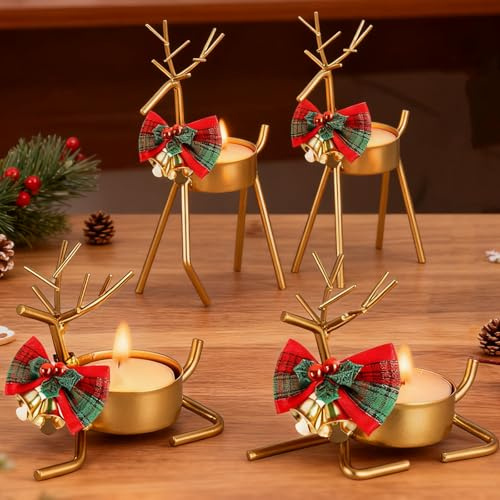 TECHEEL 4 Stück Hirsch Teelichthalter Weihnachten Rentier Teelicht Kerzenhalter Gold Hirsch Kerzenhalter Weihnachten Teelicht Halter Rentier Für Tischdeko Weihnachts Deko Wohnzimmer Fensterbank