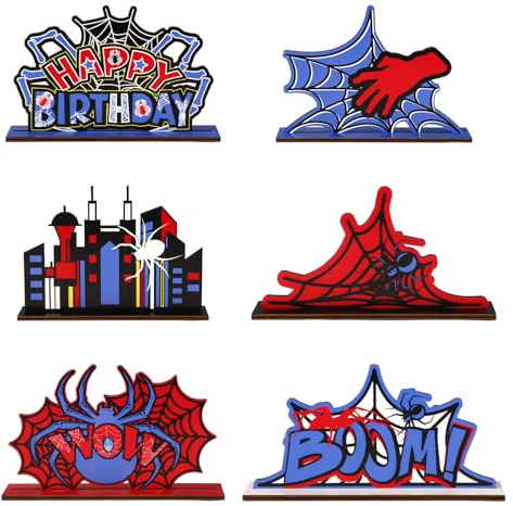 6pcs Spider Table Decorations, Wooden Spider Web Centerpiece Signs with Baseplates for Birthday & Halloween Themed Party Favors & Decor