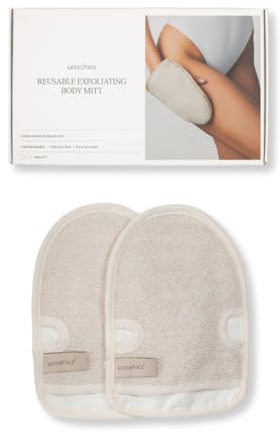 Waschies doppelseitige Waschhandschuhe 2er-Set Beige/Weiß, Alle Hauttypen | Sanftes Peeling & porentiefe Ganzkörperreinigung, waschbar, wiederverwendbar & nachhaltig, für Links/Rechtshänder