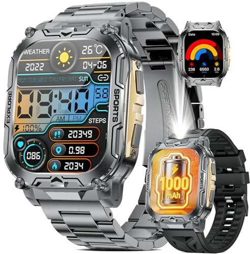 SUNKTA Smartwatch Herren Militär mit 1000mAh Großer Akku/2.01'' HD-Großes Display Sportuhr/Telefonfunktion/IP68 Wasserdicht Fitnessuhr,24/7 Herzfrequenz/Blutdruck/SpO2 für Android iOS 2 Armbänders