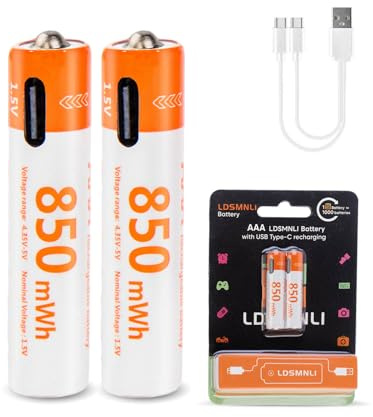 Pilas Recargables con Conector USB Tipo C, 2 Unidades, Cable Incluido, Iones de Litio, 1.5V, Formatos AA y AAA, Tamaño AA - 2200mWh