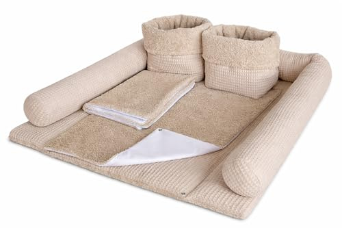 Wickelauflage Set 6-teilig – Wickelunterlage aus Waffelstoff & Frottee mit Druckknöpfen – Baby Wickelauflage – Wickeltischauflage – 85x75 cm (Breite x Tiefe), Altbeige