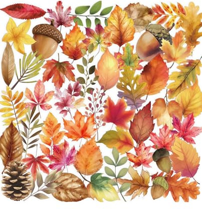 QLEUIFT 50 Piezas Pegatinas Hojas Otoñales Naturales, Stickers Vegetación Transparentes, Pegatinas Decorativas de Otoño para Scrapbook, Álbumes Recortes, Diario, Decoración DIY (Hojas Otoño)