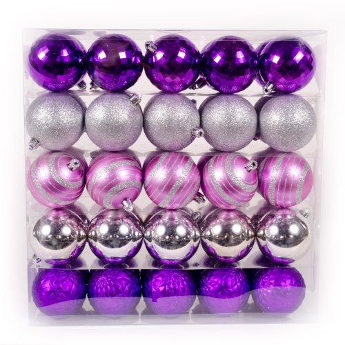 WeRChristmas 50-Piece Deluxe Variety Christmas Tree Baubles Decoration Pack, Pink/Purple/Silver/Fuchsia