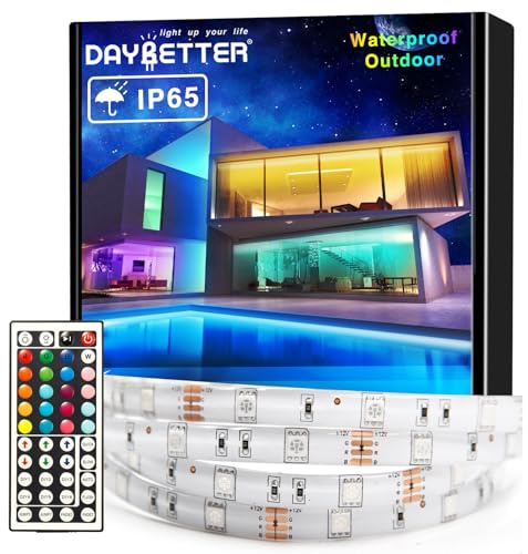 DAYBETTER Waterproof Led Lights for Bedroom, 32.8ft (2 Rolls of 16.4ft) Led Strip Lights, 300 LEDs Color Changing RGB 44 Keys Remote Controller, 12v for Outdoor Room Home Party Christmas Decoration