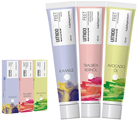 UMIDO 3 Stück Set Fuß-Creme Set 45 ml | 1x Kamille | 1x Traubenkernöl | 1x Avocadoöl | Fußbalsam | Fußlotion | Pflegecreme | Fußpflegecreme | Creme