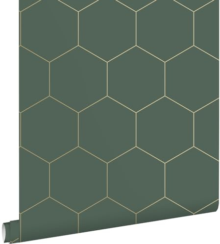 ESTAhome tapet sexkant mörkgrönt och guld 53 cm x 10.05 m