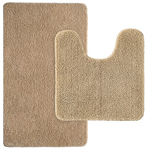 Miulee Absorberande badrumsmattor, set med 2 delar, halkfri badmatta 40 x 60 cm och U-formad WC-/toalettmatta 45 x 45 cm med hög absorptionsförmåga, mattor, supermjuk mysig och lurvig mikrofibermatta för badrum, beige