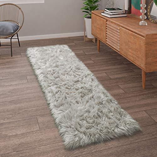 Paco Home Kunstfell Fellteppich Imitat Teppich Hochflor Sitzkissen Herzform Rund Fell Form, Grösse:50x150 cm, Farbe:Grau