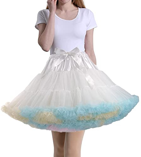 Tmade Women's Tulle Petticoat Tutu Party Multi-Layer Puffy Cosplay Skirt, White+Multicolor, Length 40cm, Waist 56-100cm