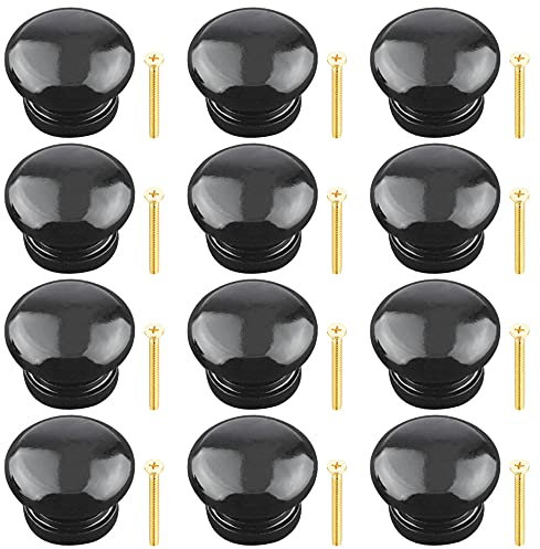 Yijunmca 12 Pack Round Cabinet Pulls - 34mm Wooden Drawer Knobs With Screws for Dresser, Furniture, Kitchen, Bathroom Cupboards, Shutters, Wardrobe - Mushroom Shape Handle, Black