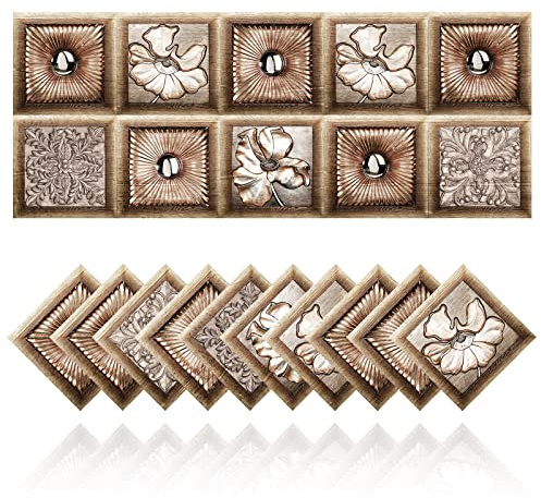 Retro Fliesenaufkleber Braune Blumen Badezimmer Küche Fliesenaufkleber DIY Öldicht Wasserdicht PVC Selbstklebende Dekoration Marokko Stil (20,15x15cm)