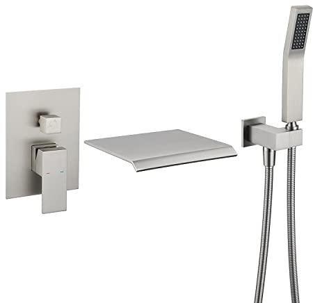 Wowkk Wannenfüller mit Wandmontage, Wasserfall-Wannenarmatur, gebürstetes Nickel, Badewannenarmatur, Messing, Einhand-Badarmatur mit Handbrause