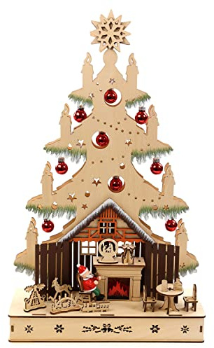 ELLUG 3D Lichterspitze Holzschnitt als Tannenbaum aus Holz mit roten Christbaumkugeln zum Stellen mit Licht 30 * 10 * 49,5cm batteriebetrieben mit On-Off Schalter, Timer Funktion (6h On/18h Off)