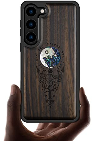 Carveit Designer Wooden Case for Samsung Galaxy S23 Plus Case Cover [Wood Engraving & Shell Inlay] Unique Wood Phone Case Compatible with Wireless Chargers Galaxy S23 Plus Case (Viking-Blackwood)
