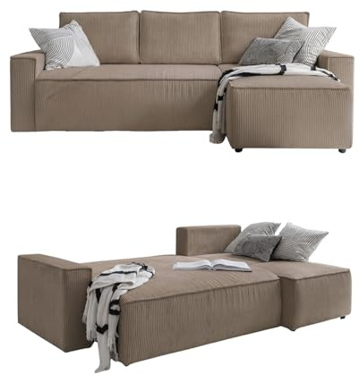 MIUFORM Brave Dave S mit Bettkasten | Ecksofa mit umstellbarem Chaiselongue | 4 Sitzer Sofa | 250 x 156 x 87cm Couch | Klappsofa mit Schlaffunktion | Schlafsofa klappbar (Taupe)