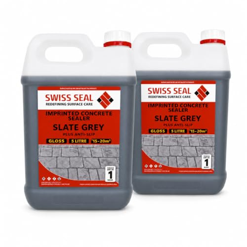 Swiss Seal | SLATE GREY Coloured Imprinted Concrete Sealer GLOSS FINISH + ANTI-SLIP | Colour Tinted Driveway And Patio Sealant - Wet Look | Colour Tint Sealant For Outdoor Concrete Floor (2 x 5 Litre)