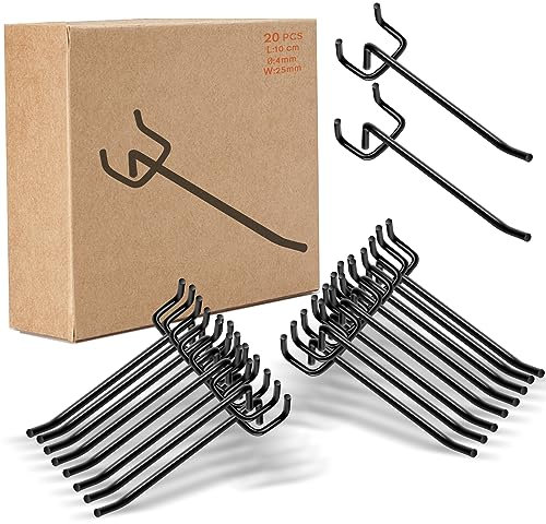 KAGUOl 20 Pezzi Ganci per pannelli Forati, Ganci Metallo Pegboard, Laccato Nero, per Pegboard in Metallo per Esposizione Al Dettaglio Classificazione Degli Utensili Lunghezza, Ø 4mm,B 25mm,L 10cm