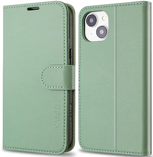 CASELIVE Handyhülle für iPhone 13/iPhone 14 - Leder Klapphülle mit Kartenfächer, Stoßfeste Schutzglas, Standfunktion, RFID-Blockierung - Hellgrün