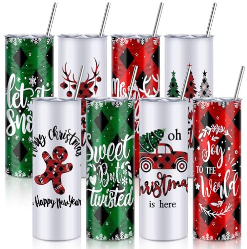 Sliner 8 Stück Weihnachtsbecher mit Deckel, Strohhalm und Bürste, Edelstahl, Weihnachtsbecher, lustig, doppelt isoliert, Kaffeetasse, Reisebecher für Urlaub, Geburtstag, Hochzeit, Party, Geschenke