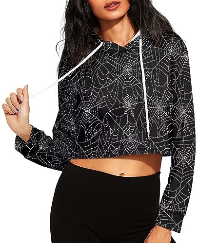 HUGS IDEA Cropped-Kapuzenpullover für Damen, langärmelig, Kordelzug, bauchfreies Oberteil, Workout-Kapuzenpullover, Schwarzes Spinnennetz, 5XL