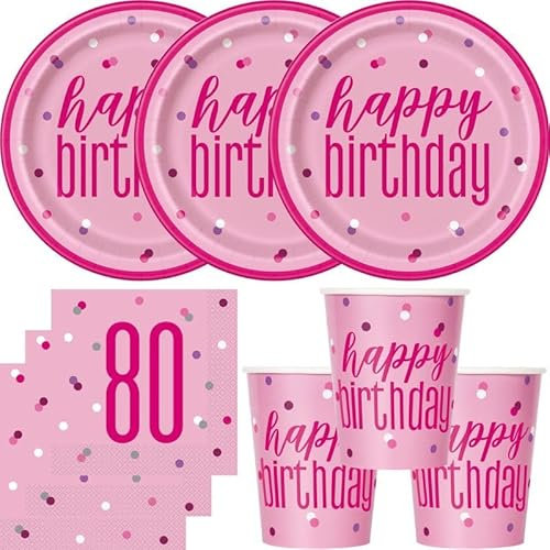 Playflip 80. Geburtstag Partyset Einweggeschirr rosa pink 48 TLG. Partygeschirr Teller Becher Servietten