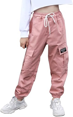 Happy Cherry Pantaloni cargo da ragazza elastico in vita pantaloni da jogging polsini alla caviglia casual streetwear 3-15 anni, Colore: rosa., 13-15 anni
