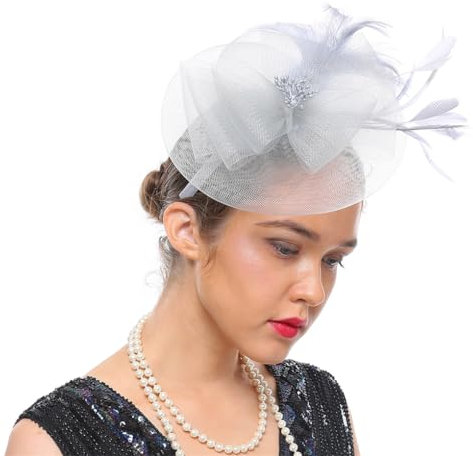 Zadaos Kopfbedeckung Fascinator für Damen, Teeparty, Hüte, Cocktail, Netz, Blumenfedern, Stirnband mit Haarspange, grau, Einheitsgröße